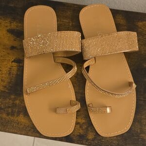 Elegant Gold & Tan Sandals with Rhinestone Straps